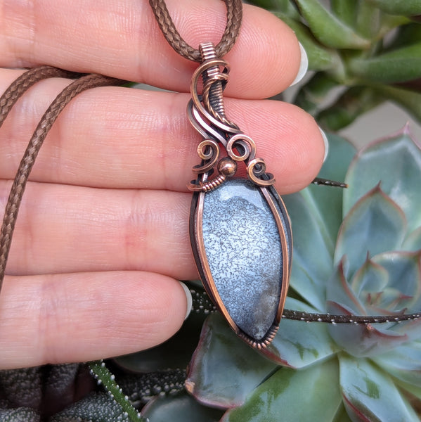 Dendritic Opal (Merlinite) Wire Wrapped Oxidized Copper Pendant