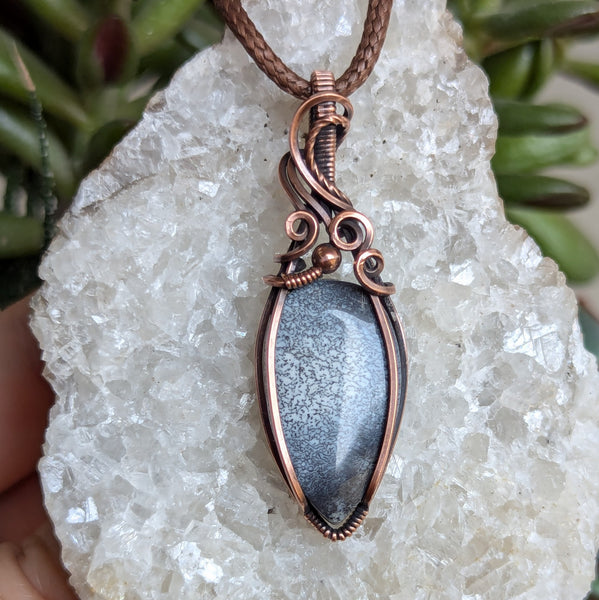 Dendritic Opal (Merlinite) Wire Wrapped Oxidized Copper Pendant