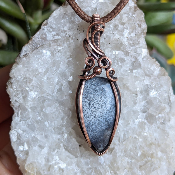 Dendritic Opal (Merlinite) Wire Wrapped Oxidized Copper Pendant