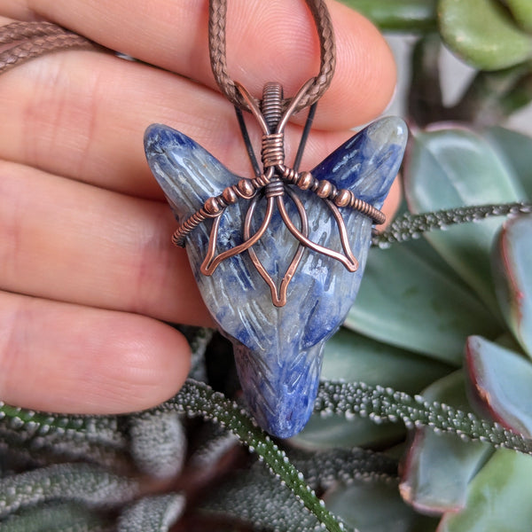 Sodalite Lotus Wolf Head Pendant in Oxidized Copper