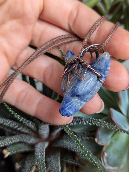 Sodalite Lotus Wolf Head Pendant in Oxidized Copper