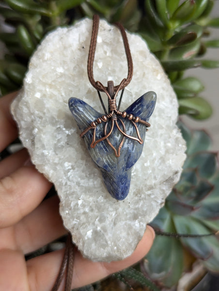 Sodalite Lotus Wolf Head Pendant in Oxidized Copper