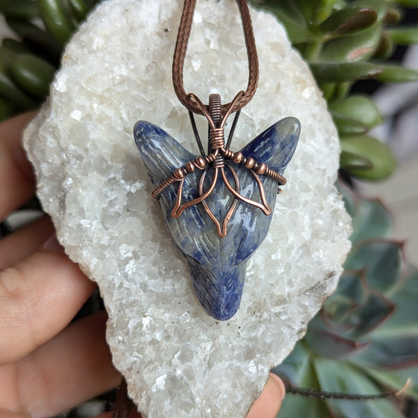 Sodalite Lotus Wolf Head Pendant in Oxidized Copper