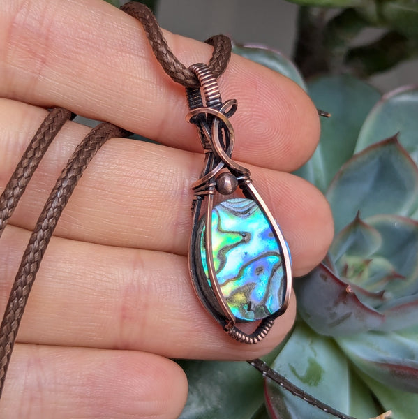 Abalone Wire Wrapped Oxidized Copper Pendant