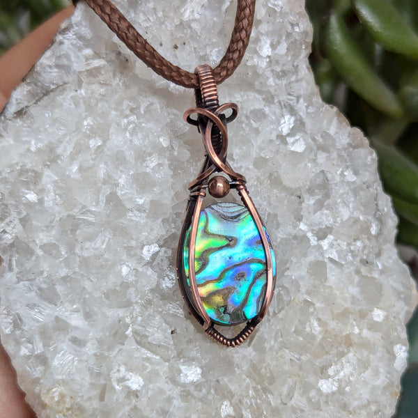 Abalone Wire Wrapped Oxidized Copper Pendant