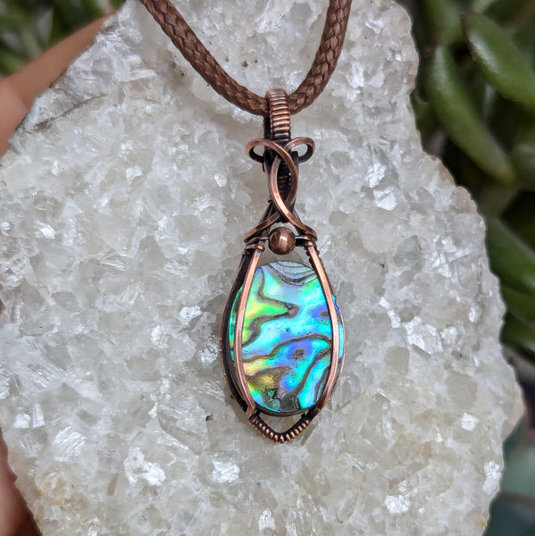 Abalone Wire Wrapped Oxidized Copper Pendant