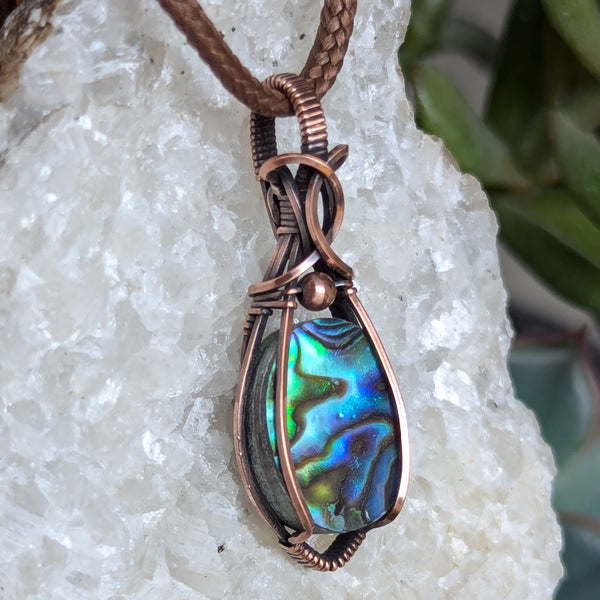 Abalone Wire Wrapped Oxidized Copper Pendant