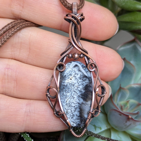 Dendritic Opal(Merlinite) Wire Wrapped Oxidized Copper Pendant