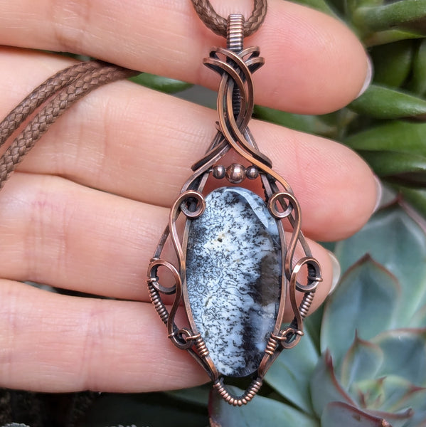 Dendritic Opal(Merlinite) Wire Wrapped Oxidized Copper Pendant