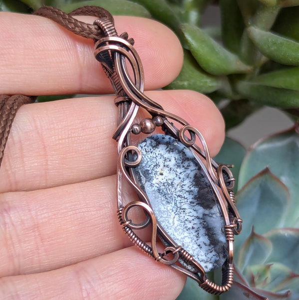 Dendritic Opal(Merlinite) Wire Wrapped Oxidized Copper Pendant