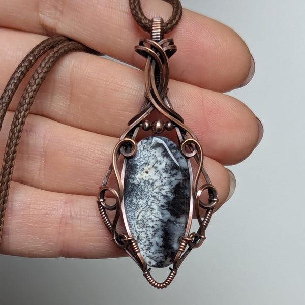 Dendritic Opal(Merlinite) Wire Wrapped Oxidized Copper Pendant