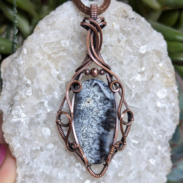 Dendritic Opal(Merlinite) Wire Wrapped Oxidized Copper Pendant