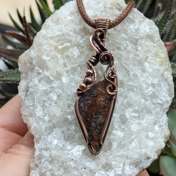 Fossilized Dinosaur Bone Wire Wrapped Oxidized Copper Pendant