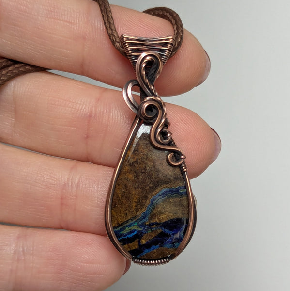 Azurite in Chrysocolla Wire Wrapped Oxidized Copper Pendant