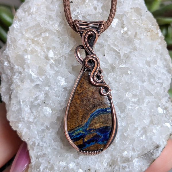 Azurite in Chrysocolla Wire Wrapped Oxidized Copper Pendant