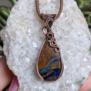 Azurite in Chrysocolla Wire Wrapped Oxidized Copper Pendant