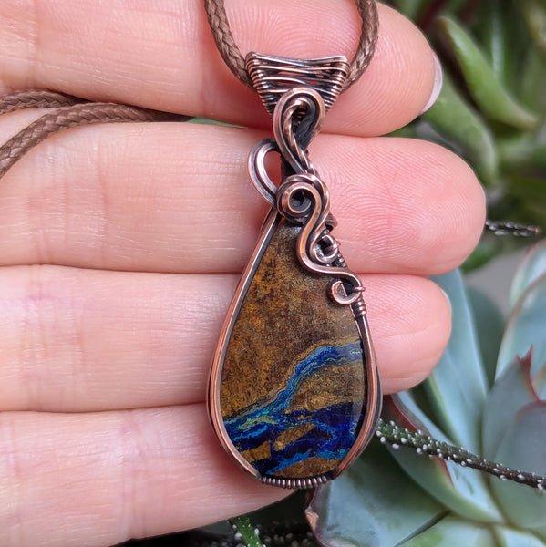 Azurite in Chrysocolla Wire Wrapped Oxidized Copper Pendant