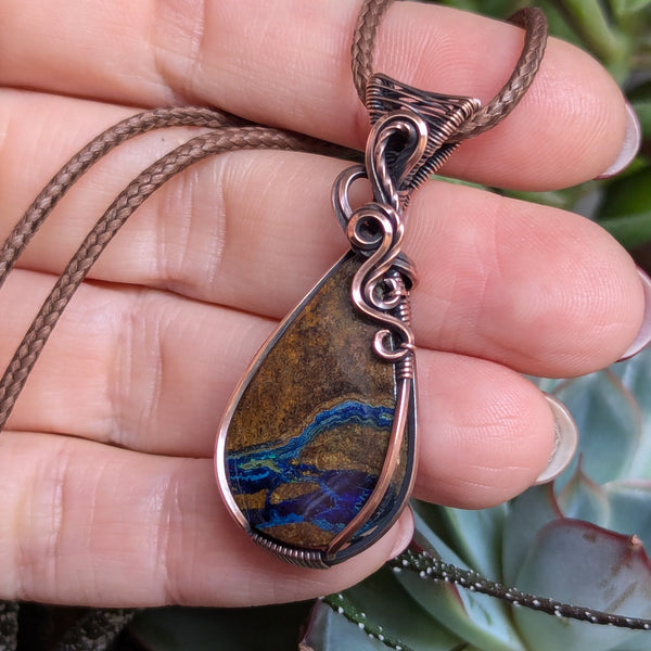 Azurite in Chrysocolla Wire Wrapped Oxidized Copper Pendant