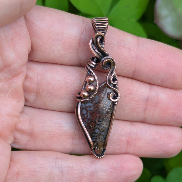 Fossilized Dinosaur Bone Wire Wrapped Oxidized Copper Pendant