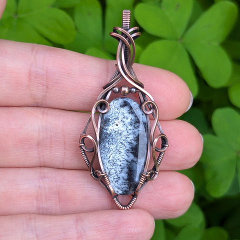 Dendritic Opal(Merlinite) Wire Wrapped Oxidized Copper Pendant