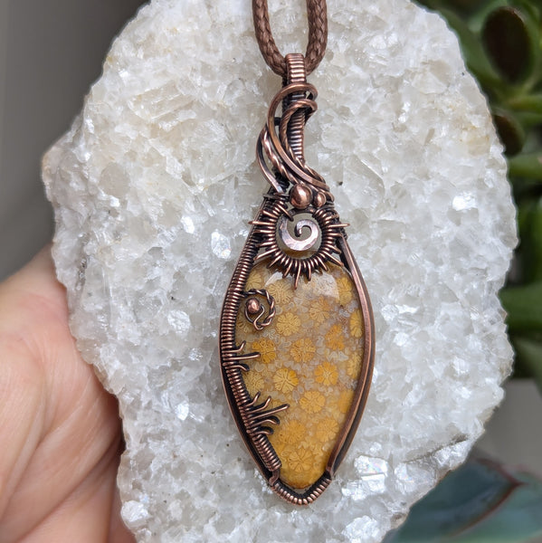 Fossil Coral Wire Wrapped Pendant in Oxidized Copper