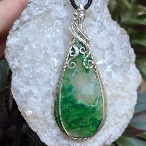 Dyed Moss Agate Wire Wrapped Sterling Silver Pendant