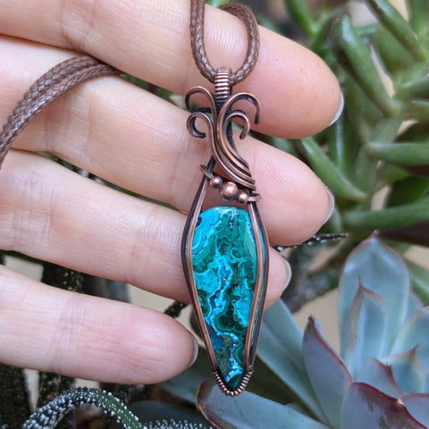 Malachite-Chrysocolla Wire Wrapped Pendant in Oxidized Copper