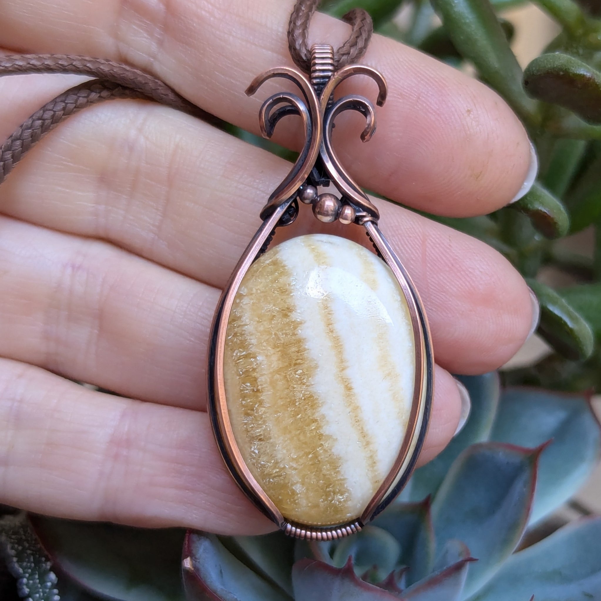 Yellow Calcite Wire Wrapped Pendant in Oxidized Copper