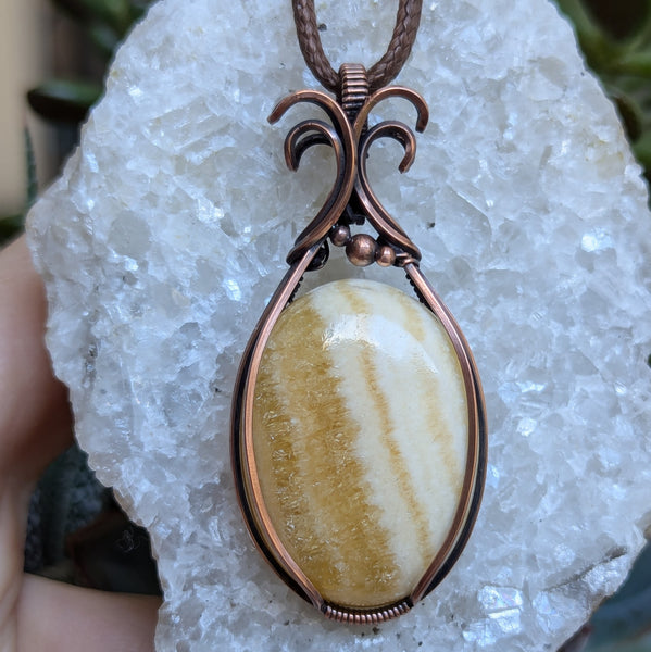 Yellow Calcite Wire Wrapped Pendant in Oxidized Copper