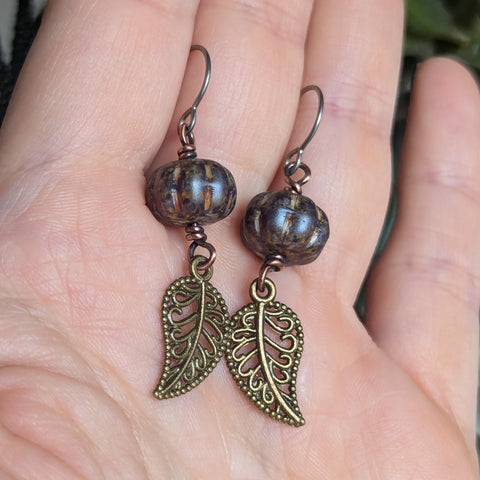 Pumpkin & Leaf Earrings in Oxidized Copper