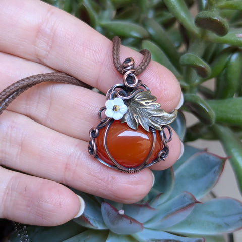 Carnelian Mini Pumpkin Wire Wrapped Pendant in Oxidized Copper