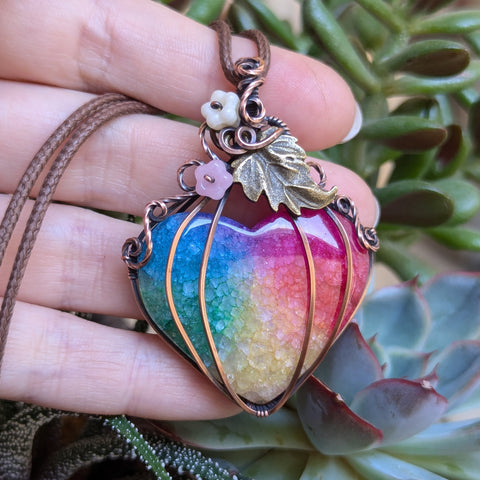 Dyed Rainbow Quartz Heart Pumpkin Wire Wrapped Pendant in Oxidized Copper