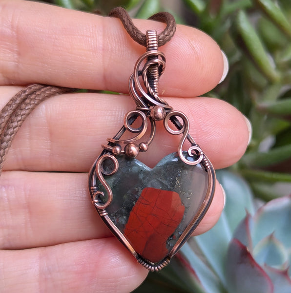 Bloodstone Heart Wire Wrapped Pendant in Oxidized Copper