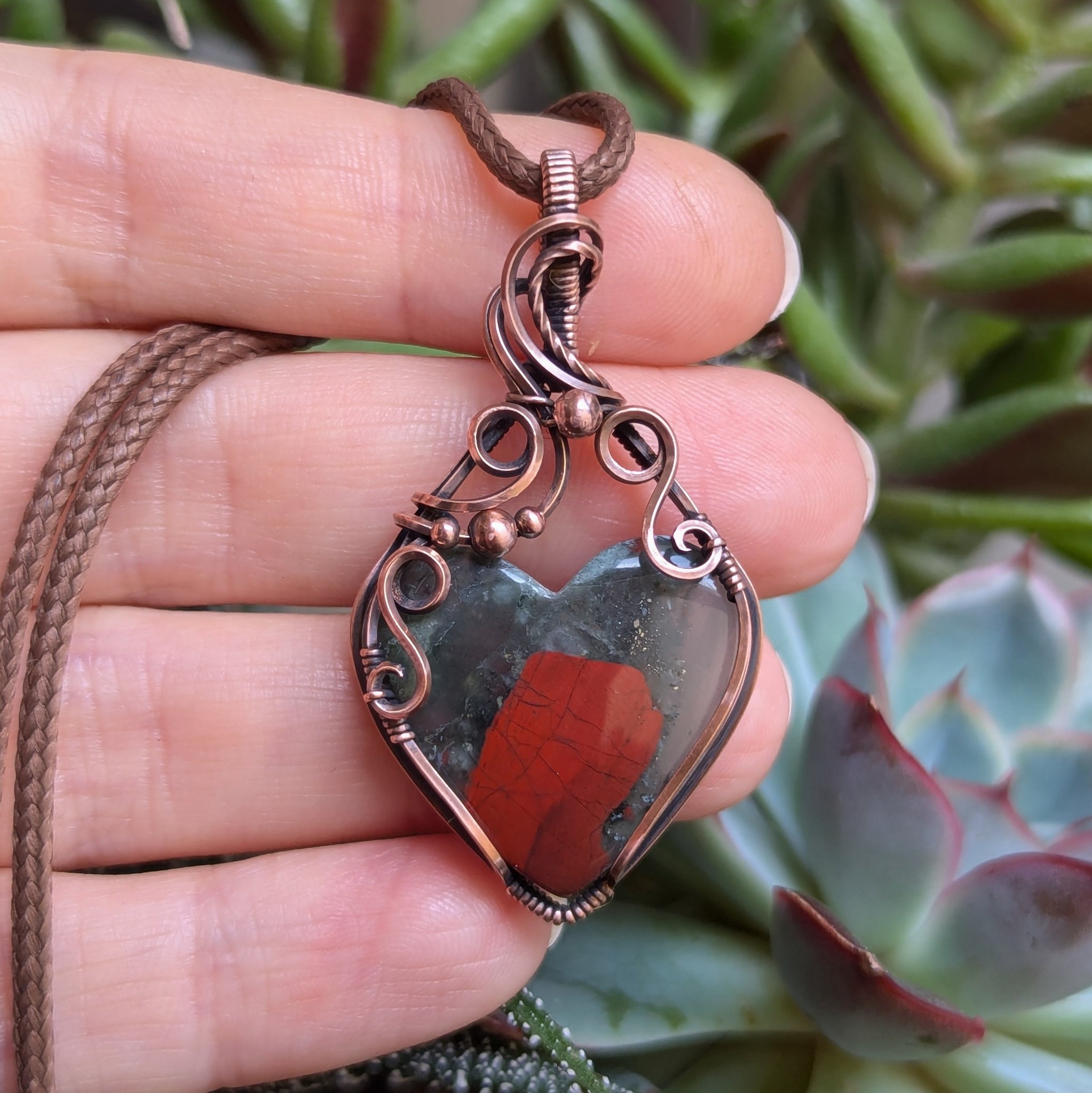 Bloodstone Heart Wire Wrapped Pendant in Oxidized Copper