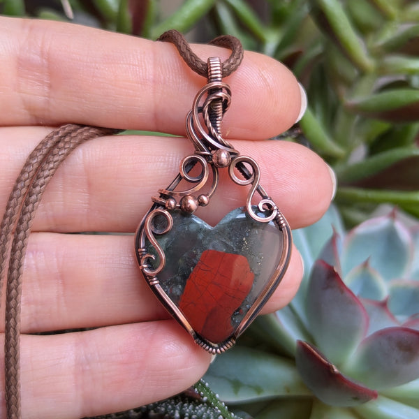 Bloodstone Heart Wire Wrapped Pendant in Oxidized Copper