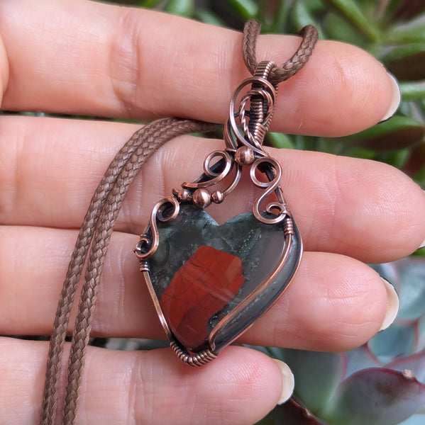 Bloodstone Heart Wire Wrapped Pendant in Oxidized Copper