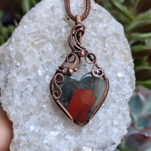 Bloodstone Heart Wire Wrapped Pendant in Oxidized Copper