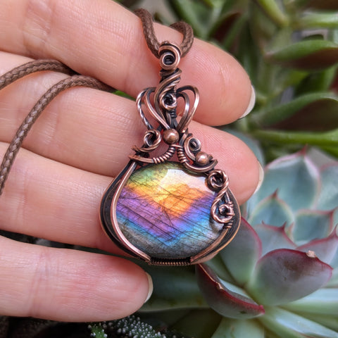 Rainbow Labradorite Wire Wrapped Pendant in Oxidized Copper