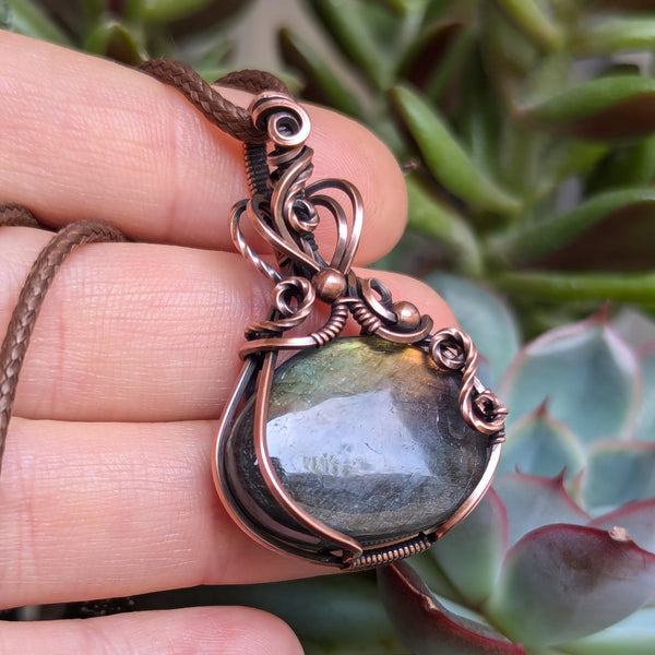 Rainbow Labradorite Wire Wrapped Pendant in Oxidized Copper