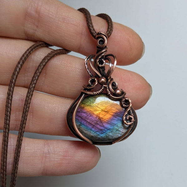 Rainbow Labradorite Wire Wrapped Pendant in Oxidized Copper