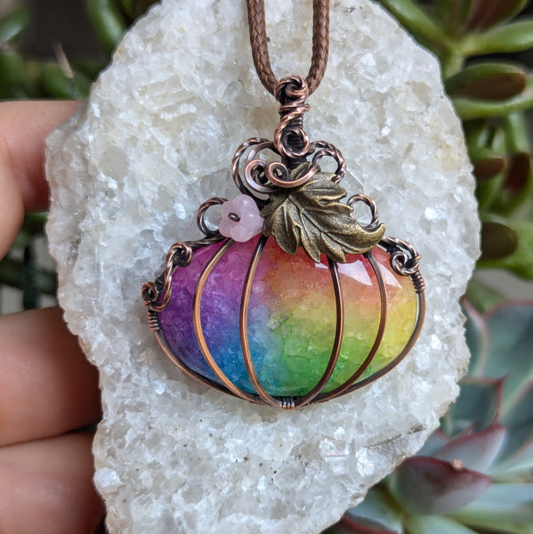 Rainbow Quartz Pumpkin Wire Wrapped Pendant in Oxidized Copper