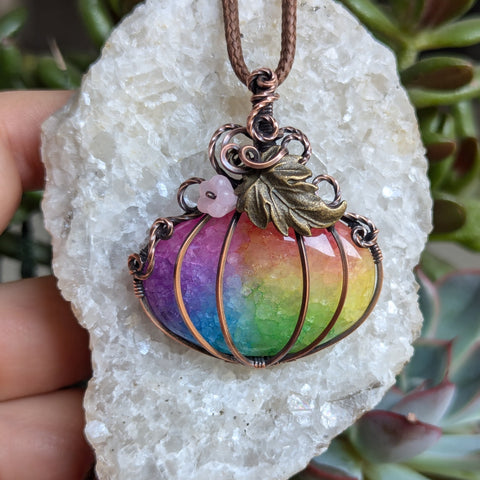 Rainbow Quartz Pumpkin Wire Wrapped Pendant in Oxidized Copper