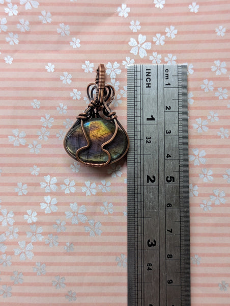 Rainbow Labradorite Wire Wrapped Pendant in Oxidized Copper