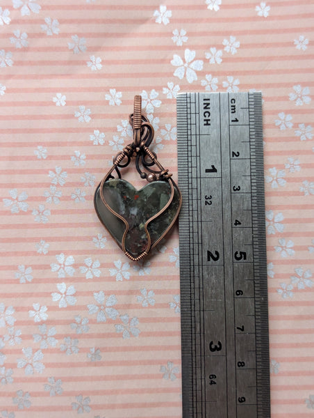 Bloodstone Heart Wire Wrapped Pendant in Oxidized Copper