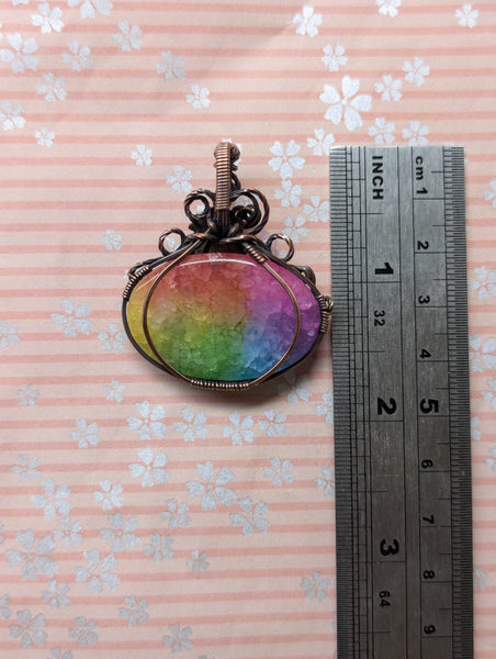 Rainbow Quartz Pumpkin Wire Wrapped Pendant in Oxidized Copper