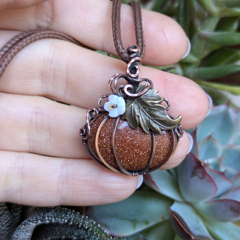 Goldstone Pumpkin Wire Wrapped Pendant in Oxidized Copper