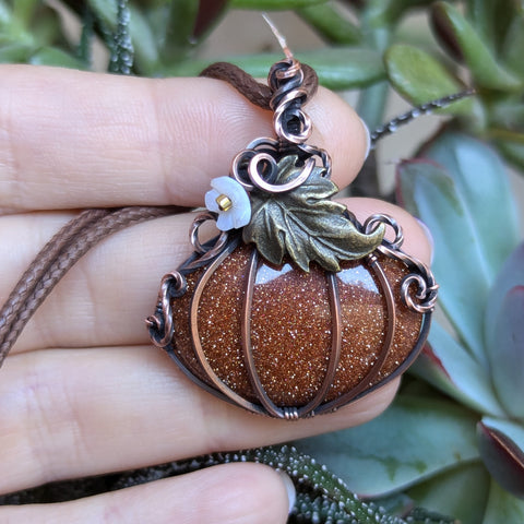 Goldstone Pumpkin Wire Wrapped Pendant in Oxidized Copper