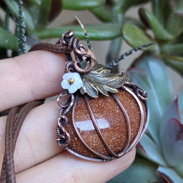 Goldstone Pumpkin Wire Wrapped Pendant in Oxidized Copper