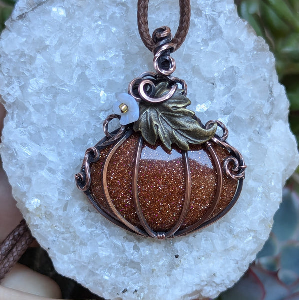 Goldstone Pumpkin Wire Wrapped Pendant in Oxidized Copper