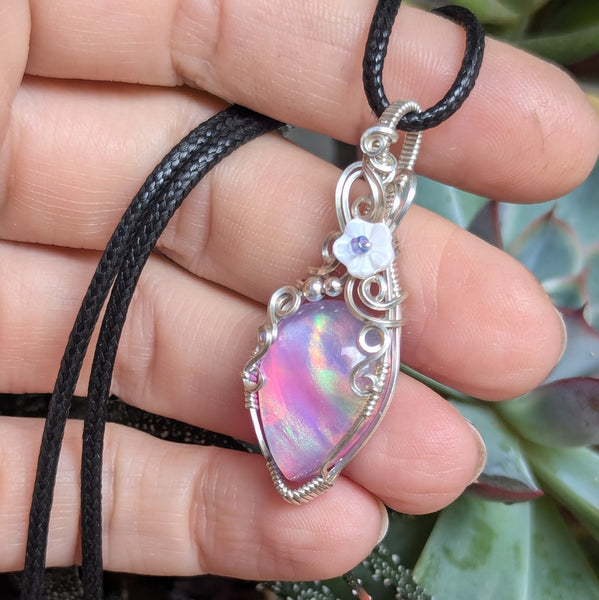 Aurora Opal Doublet Wire Wrapped Sterling Silver Mini Pendant